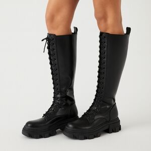 Dream Paris Black Lace Up Chunky Track Sole Knee High Black Boots Size 6